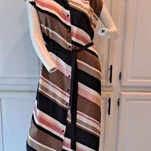 DKNY Striped Midi Dress in Black, Pink, and Brown